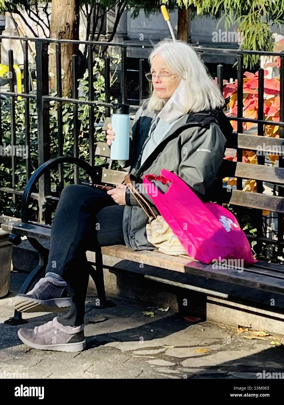 Donna con capelli bianchi e una borsa per lo shopping rosa e luminosa seduta nel parco i New York City Foto Stock