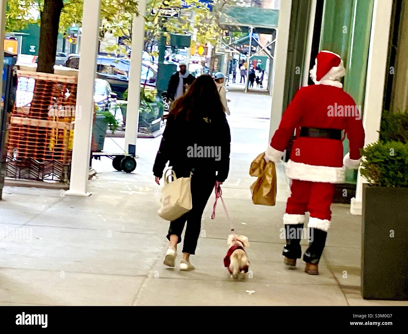 Babbo Natale e i suoi Helpers, una donna e il suo cane, camminano per le strade di New York Foto Stock