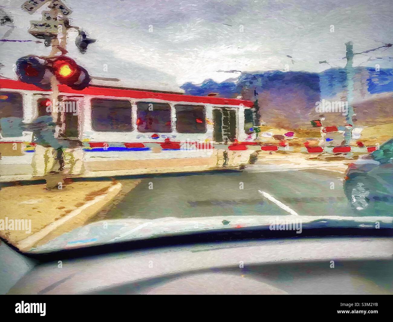 UTA (Utah Transit Authority) TRAX Line attraversando la strada nell'estremità meridionale della valle di Salt Lake nello Utah, USA. L'immagine originale è stata resa pittorica e impressionistica tramite IOS app Oilist. Foto Stock