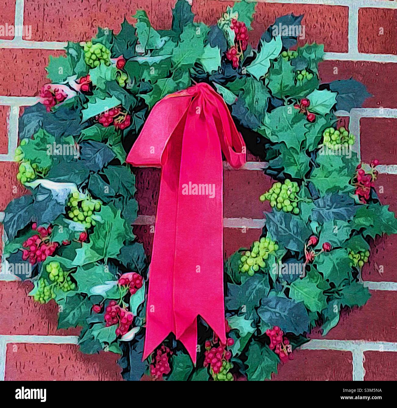 Una corona di Natale appesa all'esterno vicino alla porta d'ingresso di una casa di mattoni rossi in Utah, USA. Tis la stagione… L'applicazione IOS è stata utilizzata per rendere la foto più illustrativa per l'effetto artistico. Foto Stock