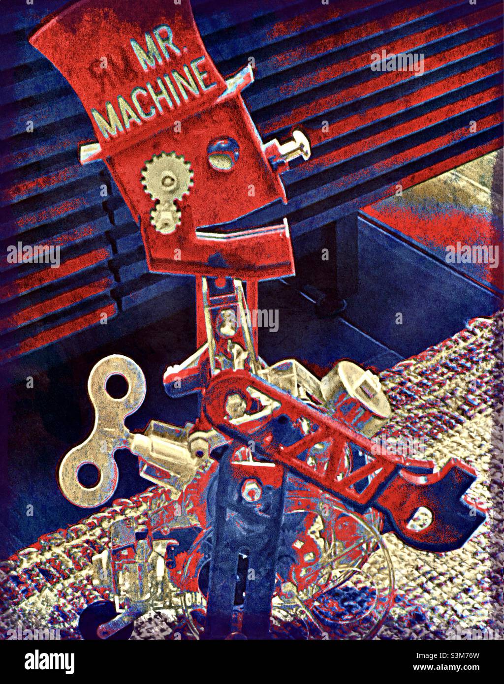 MR. Machine, un giocattolo vintage del 1960s, in ottime condizioni di lavoro. La fotografia è stata alterata digitalmente, tramite le applicazioni IOS, creando un effetto grunge posterizzato. - Immagine stock catturata con smartphone