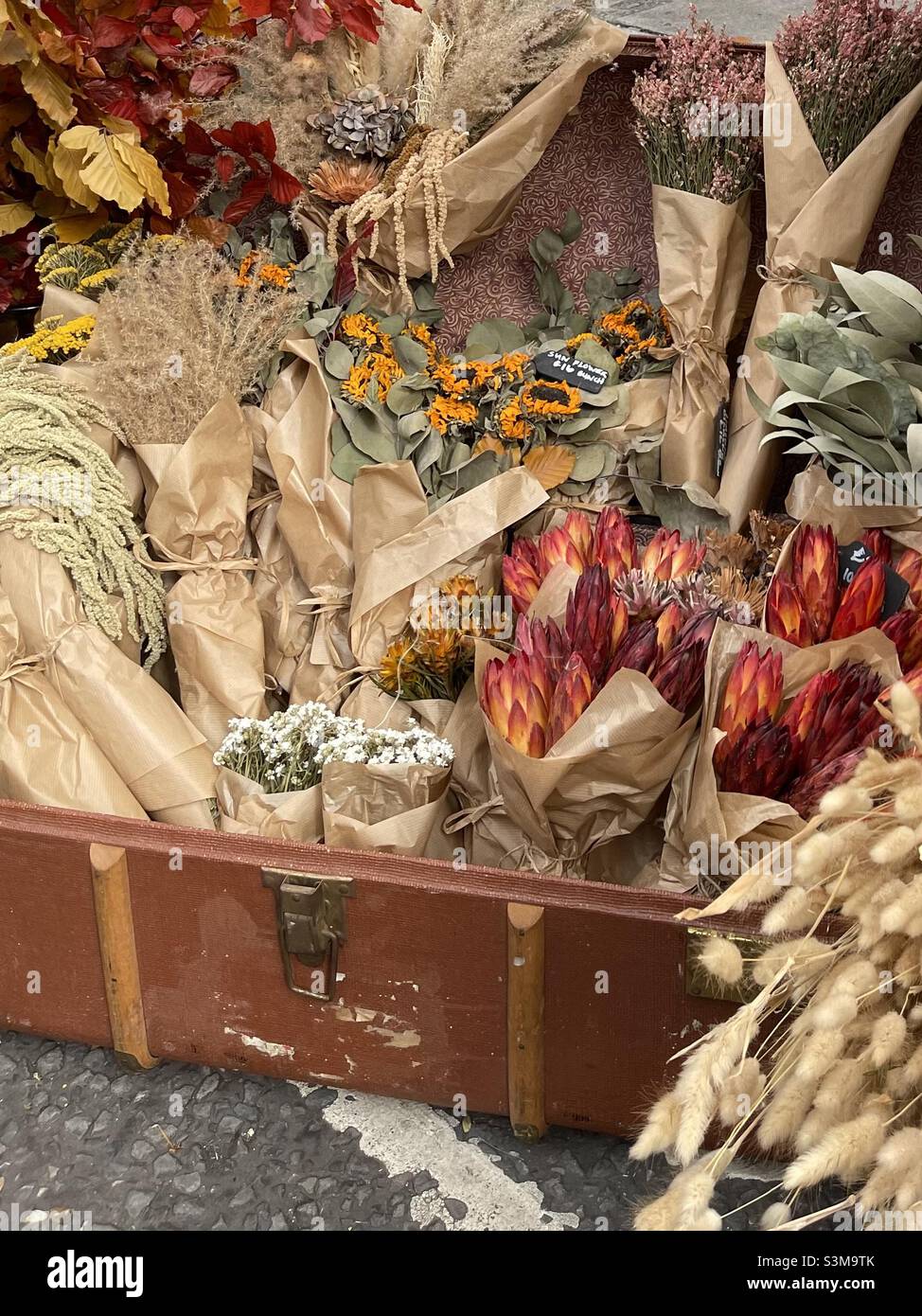 Fiori secchi e piante si siedono avvolti in carta marrone in una valigia d'epoca. Foto Stock