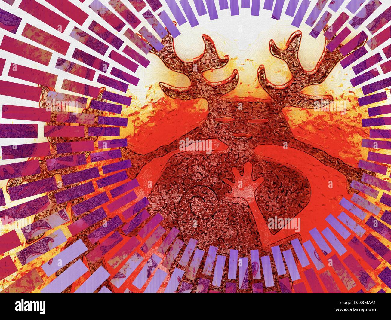 Una foto di un knick knack indiano utilizzato come accento domestico è stata modificata digitalmente, creando un'illustrazione strabiliante di colore rosso, che ha poi avuto una tonalità prismatica violacea aggiunta come cornice. - Immagine stock catturata con smartphone