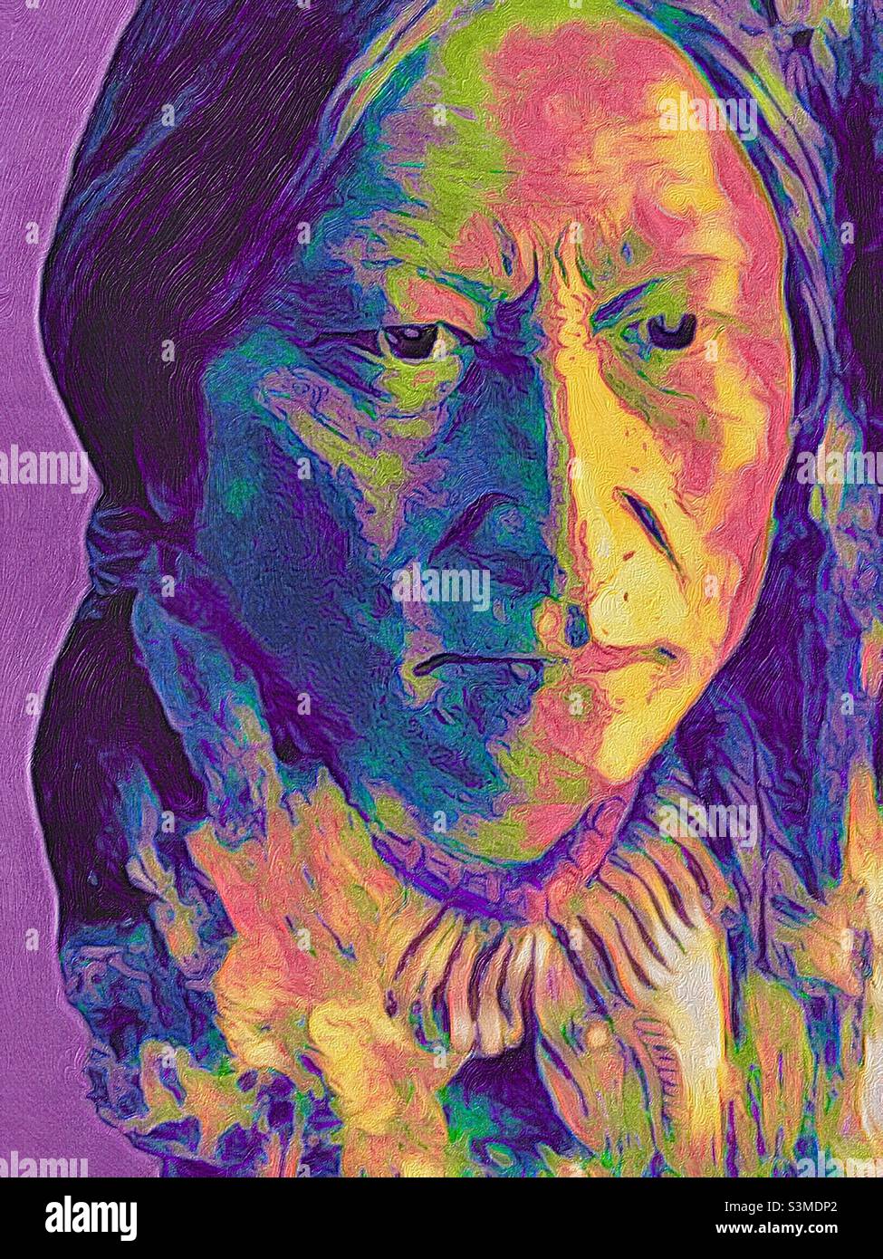 Un'immagine di un pezzo scolpito di arte da parete degli Indiani d'America, di figura storica seduta toro, ha una colorazione arcobaleno pittorico tramite la spazzolcolpo IOS app. Foto Stock