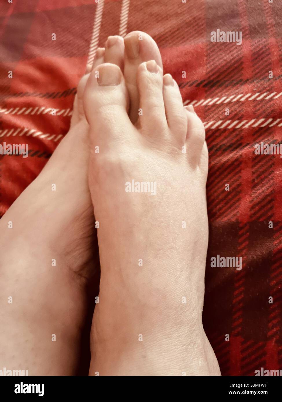 I piedi della donna su una coperta di tartan Foto Stock