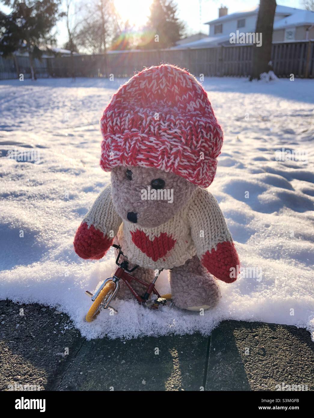 Un grazioso orsacchiotto imbottito in piedi accanto ad una bicicletta giocattolo nella neve. Foto Stock