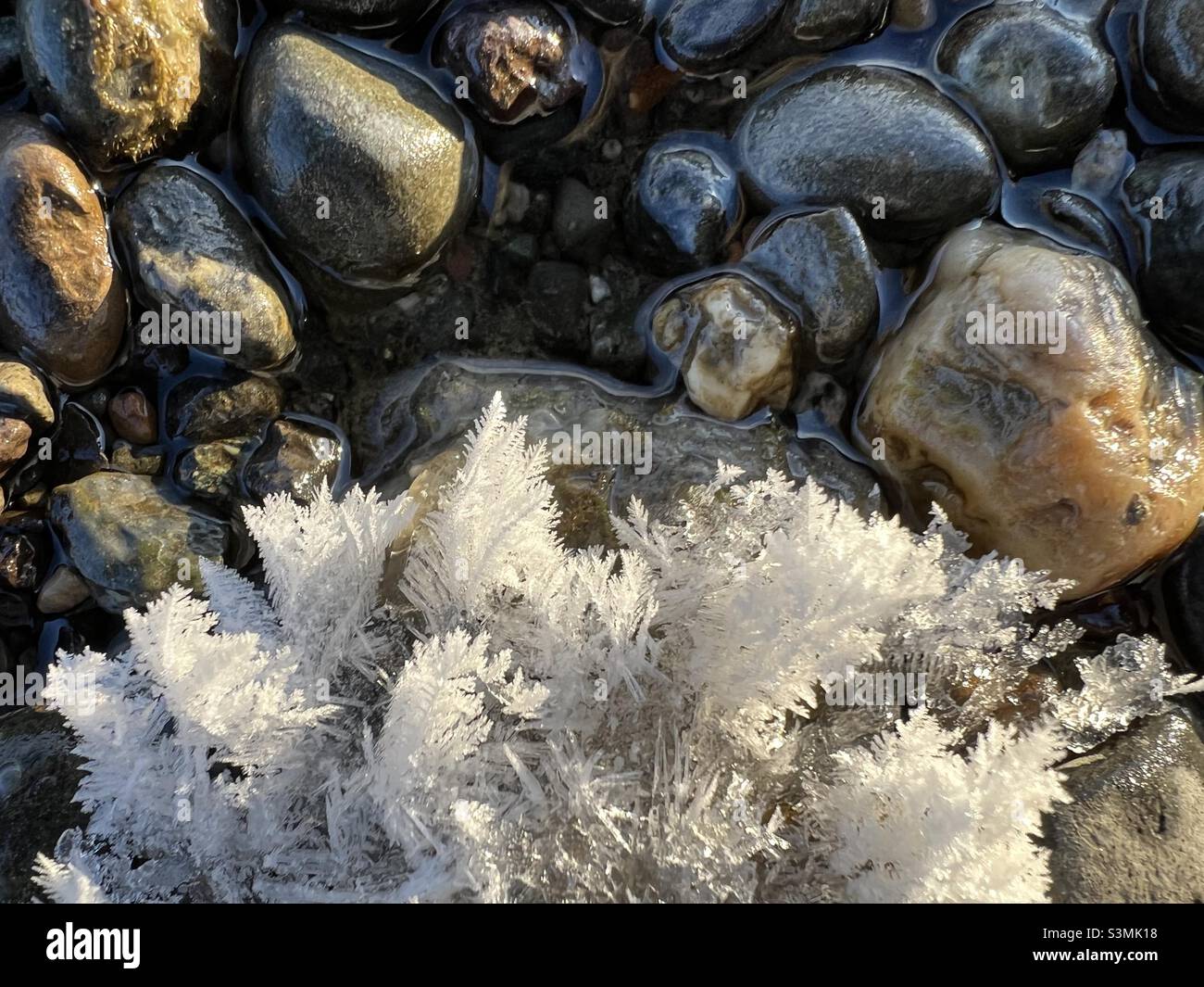 L’eleganza creativa della natura: Sculture di ghiaccio Sun-lt, fiori di ghiaccio e gelo di bue, combinate con le acque limpide e le rocce colorate del fiume Yukon. Primo piano Wonderland invernale. - Immagine stock catturata con smartphone