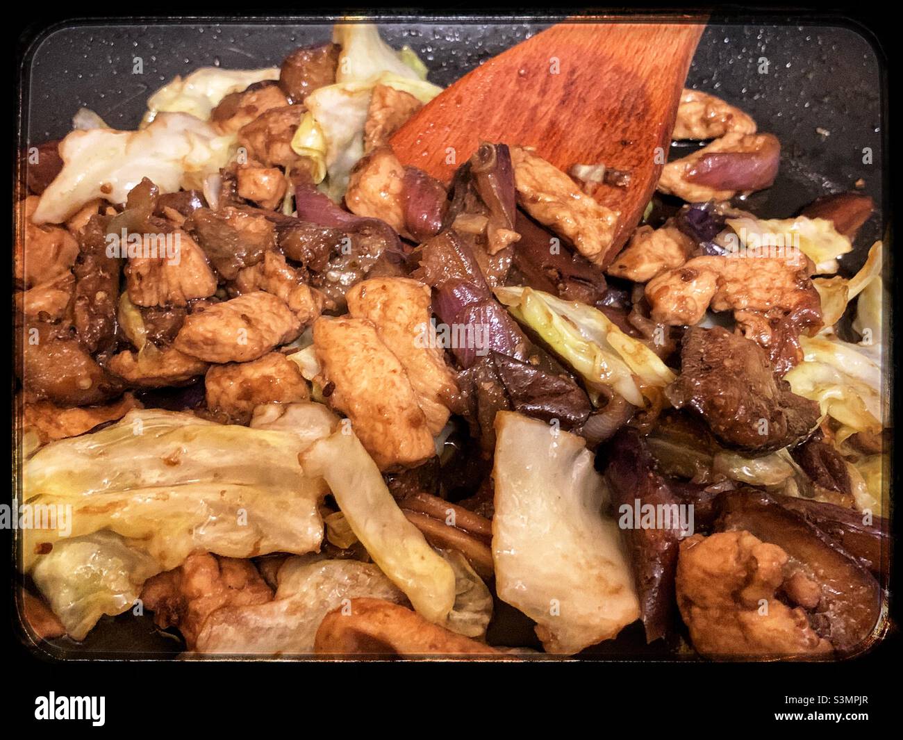 Pollo saltato con melanzane e cavolo taiwanese. Foto Stock