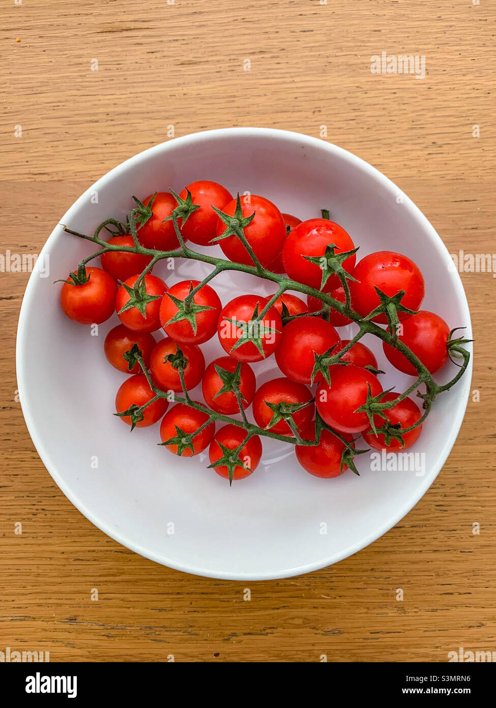 Ciotola di pomodori ciliegini rossi sulla vite Foto Stock