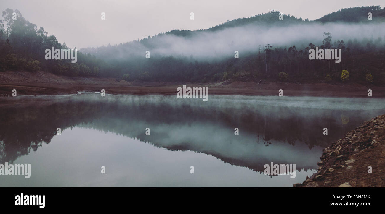 La mattina d'inverno sul fiume, la nebbia fredda pende nell'aria in un nastro attraverso la linea dell'albero ed è riflessa nell'acqua calma e ferma Foto Stock