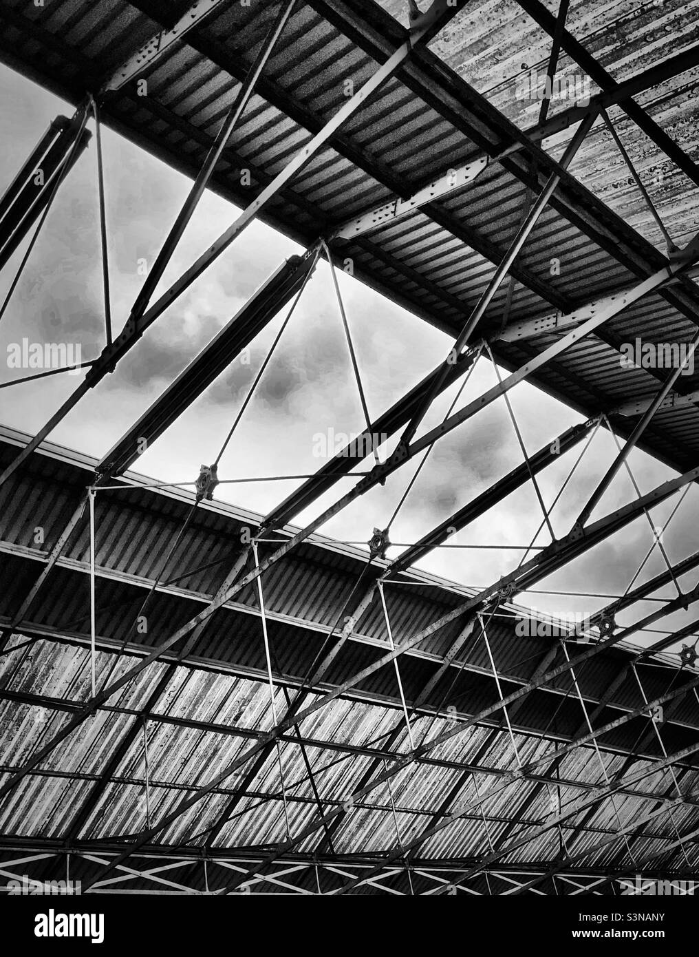 'The Old Station Roof' un tetto della stazione ferroviaria in bianco e nero Foto Stock