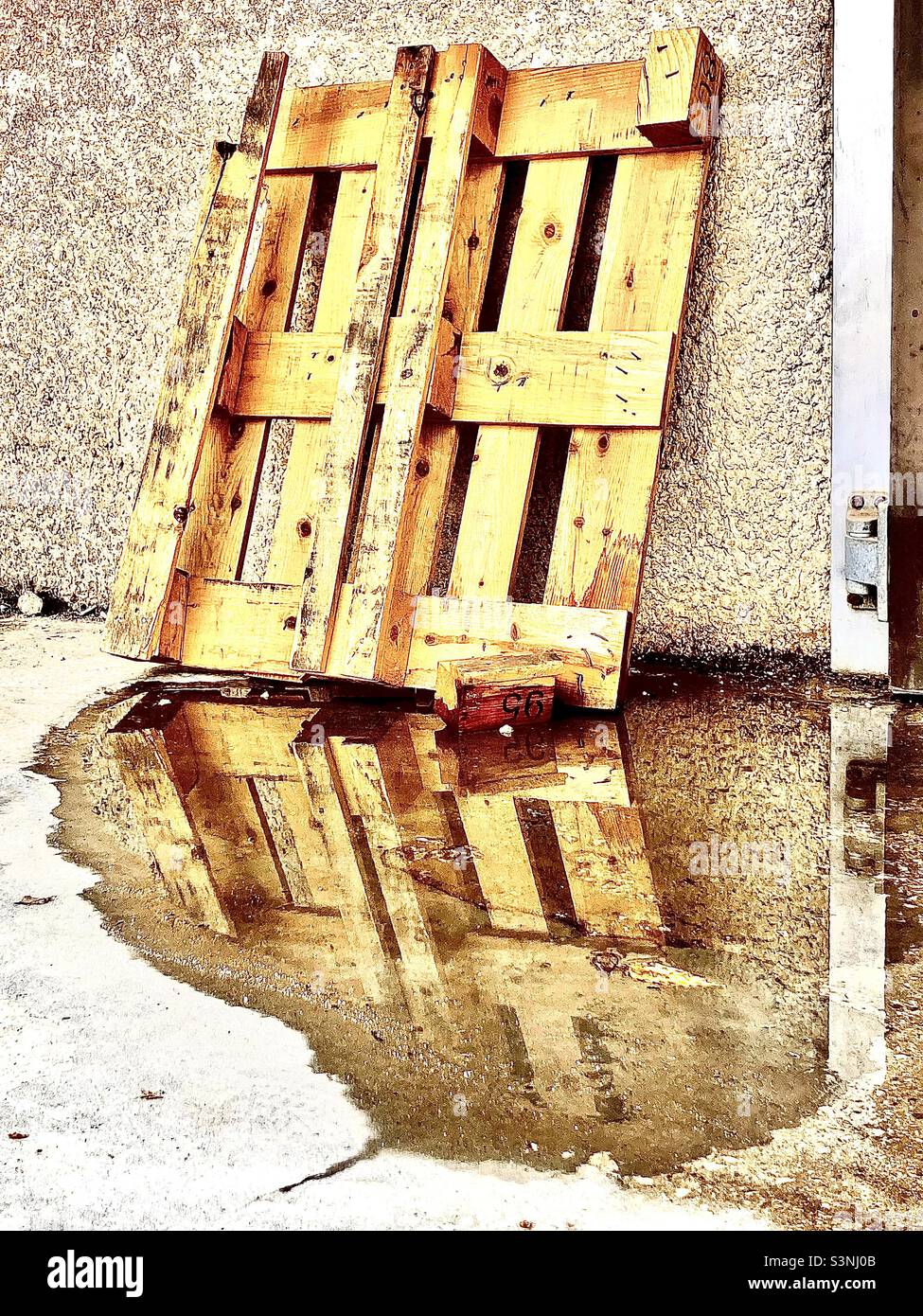 plinto di legno riflesso nella pozza d'acqua Foto Stock