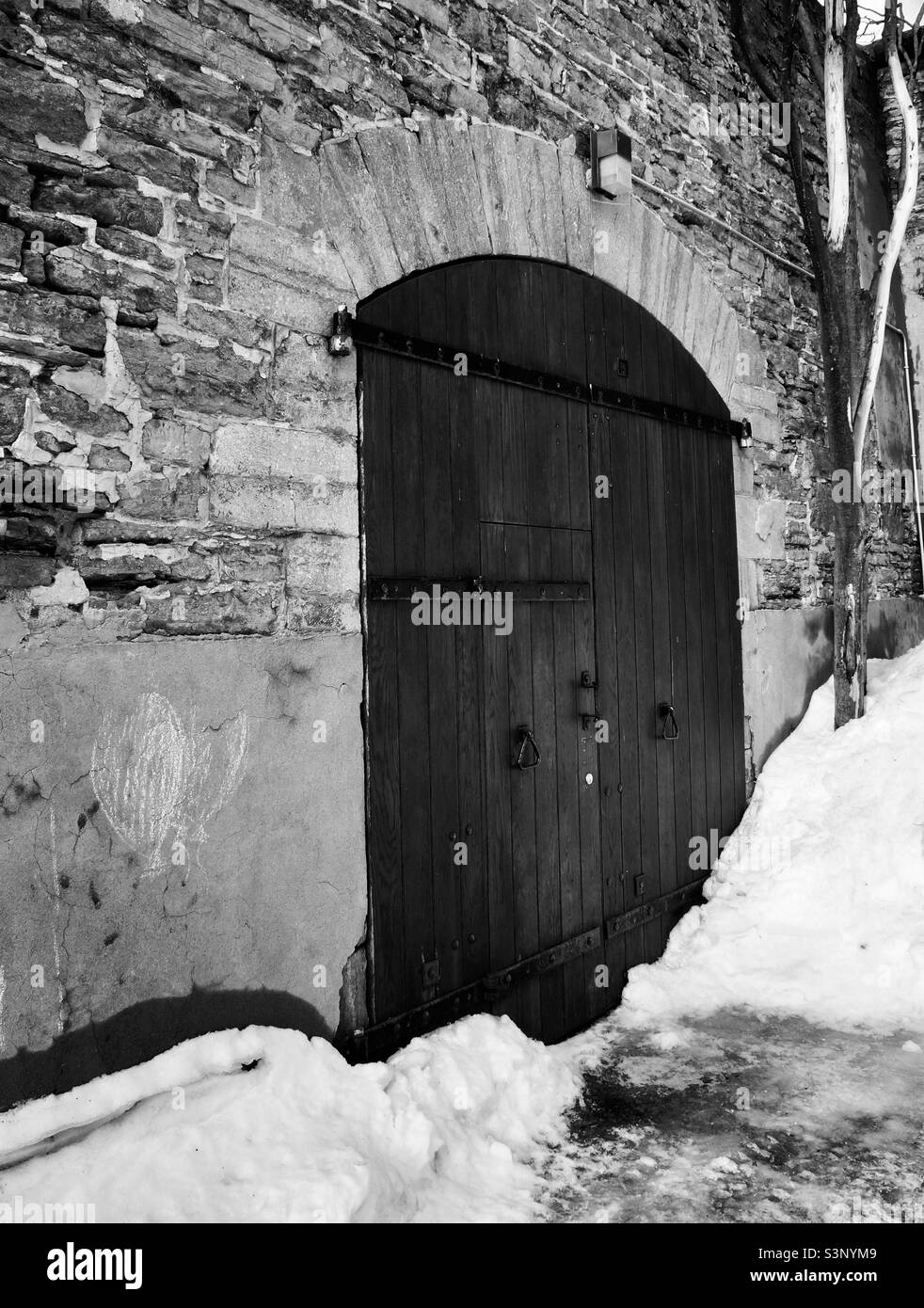 Vecchia porta di quercia in bianco e nero. Foto Stock