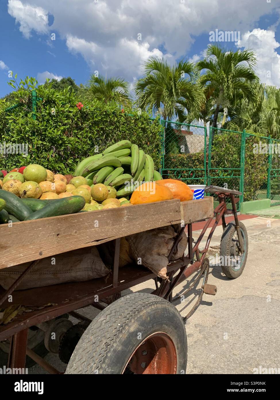 Frutta e verdura vendute in un carrello in una strada a l'Avana, Cuba - Immagine stock catturata con smartphone