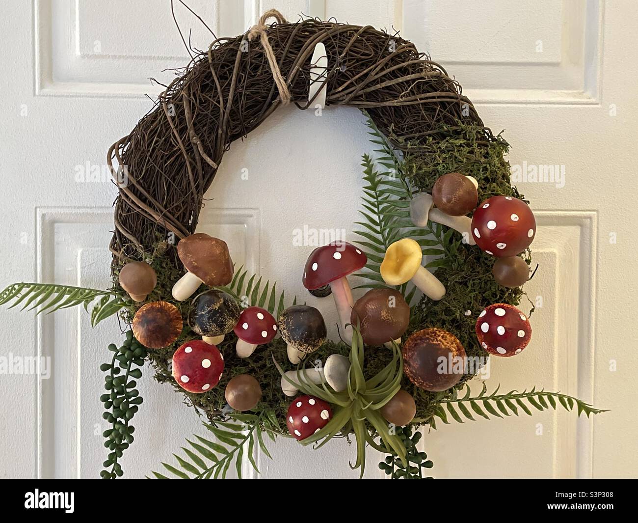 Una corona primaverile unica si trova sul lato interno dell'ingresso principale di una casa nello Utah, USA. Una varietà di funghi colorati e altre piante ben rappresentano la nuova crescita della primavera. Foto Stock