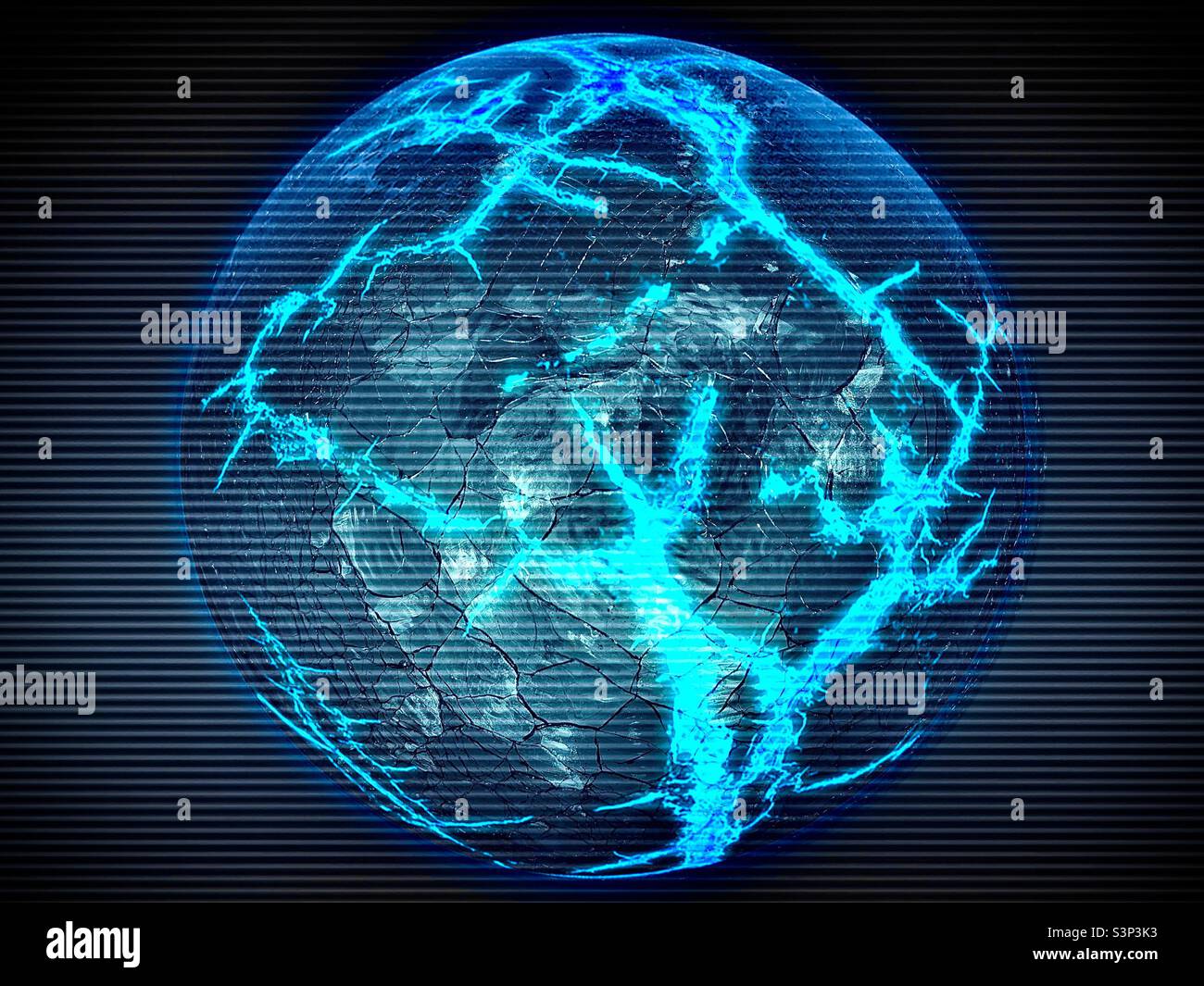 Una foto iPhone di un accento sferico di casa con una struttura di vetro cracked e l'illuminazione all'interno ha, attraverso le app IOS, è stata terraformata in un pianeta alieno azzurro ghiaccio. - Immagine stock catturata con smartphone