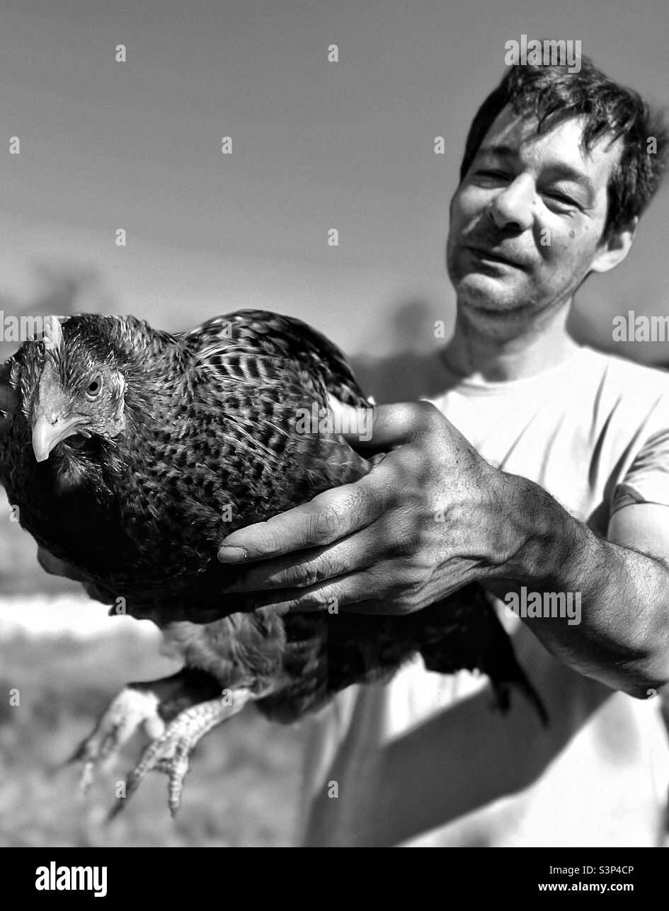 Uomo con il suo pollo pregiato. Foto Stock