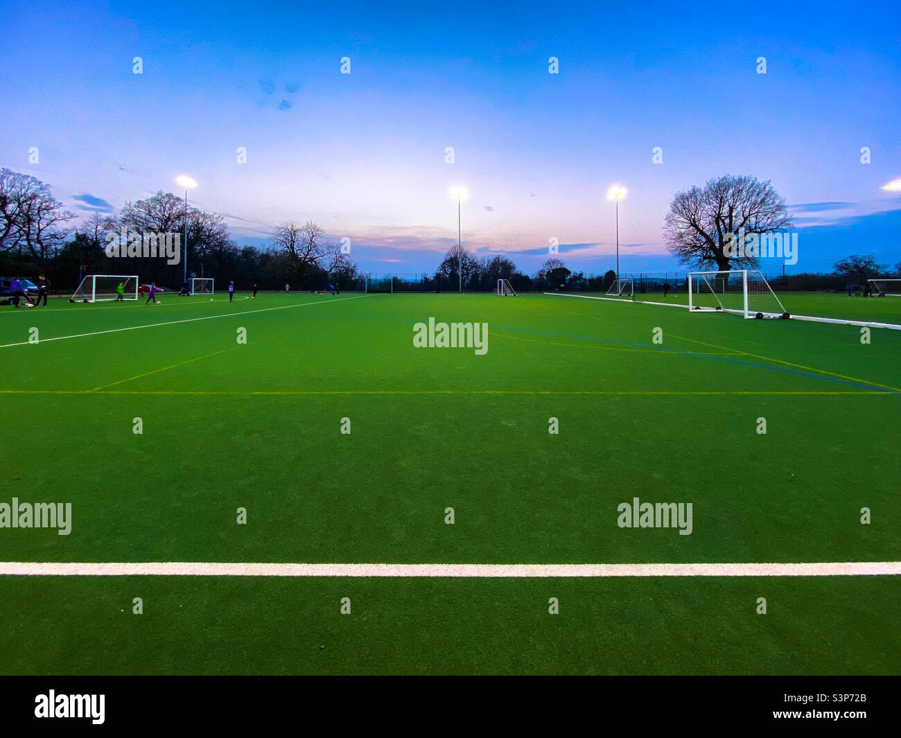 Un campo da calcio per tappeti erbosi la sera. Foto Stock