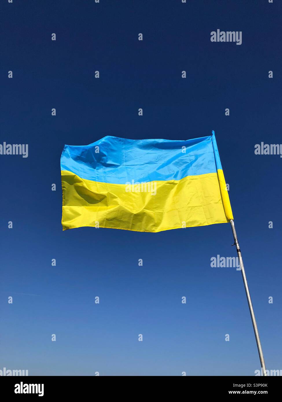 Bandiera Ucraina completamente estesa nel vento forte contro un cielo blu - Immagine stock catturata con smartphone