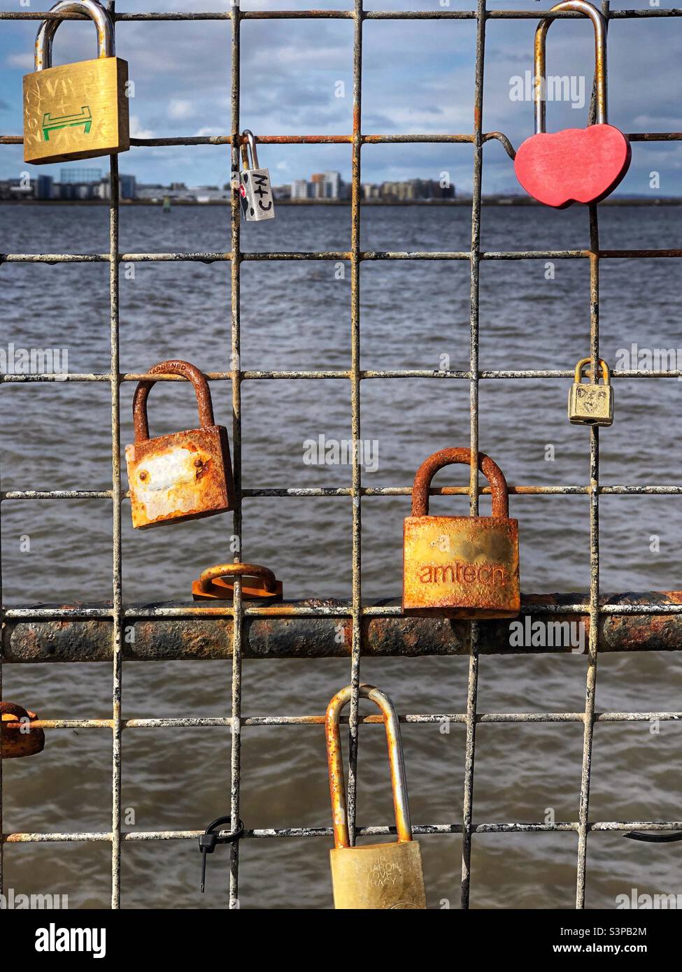 L'amore si blocca su una recinzione di filo Foto Stock