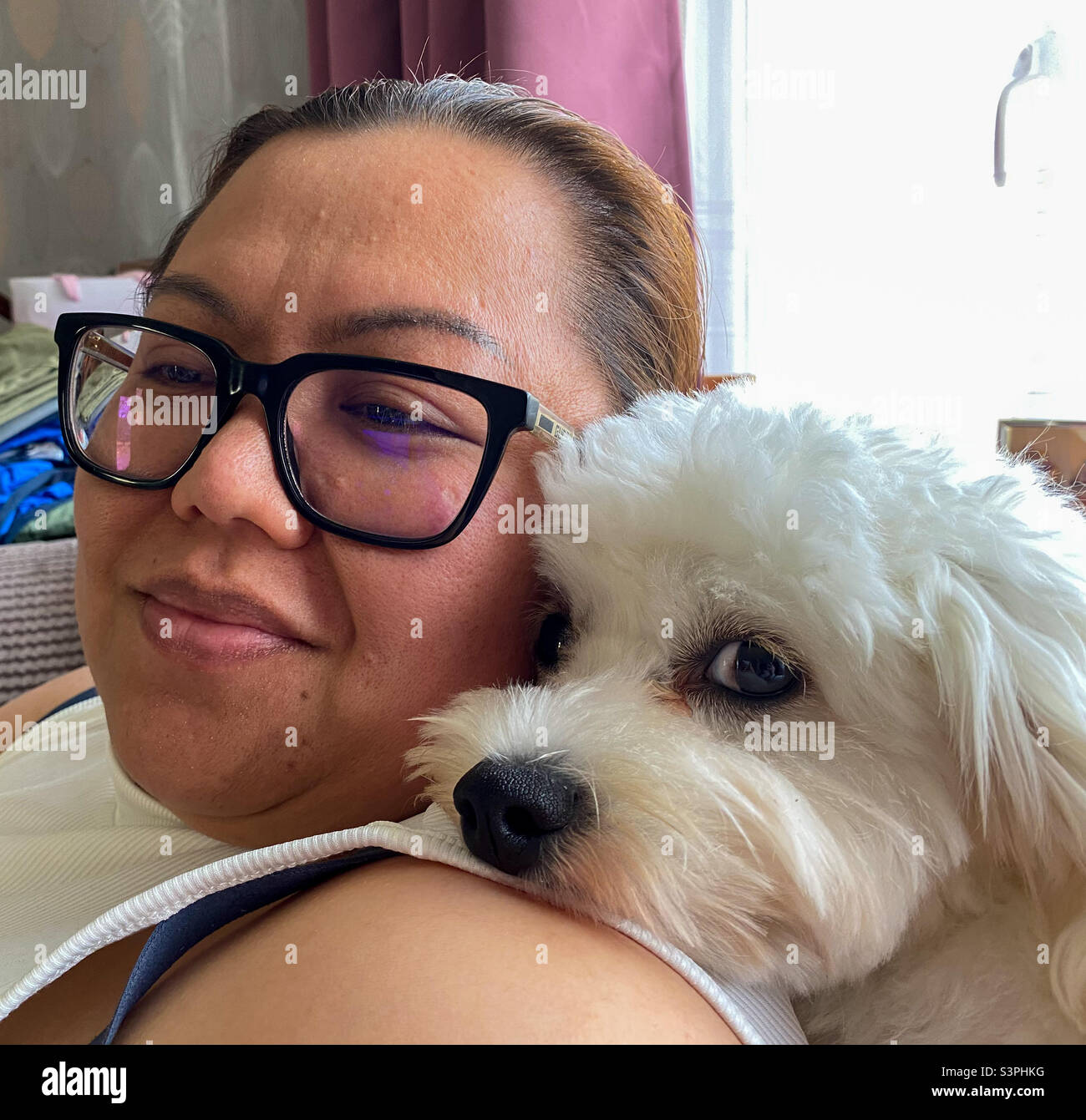 Signora con un cane cavapoo cucciolo seduto su un divano. Foto Stock