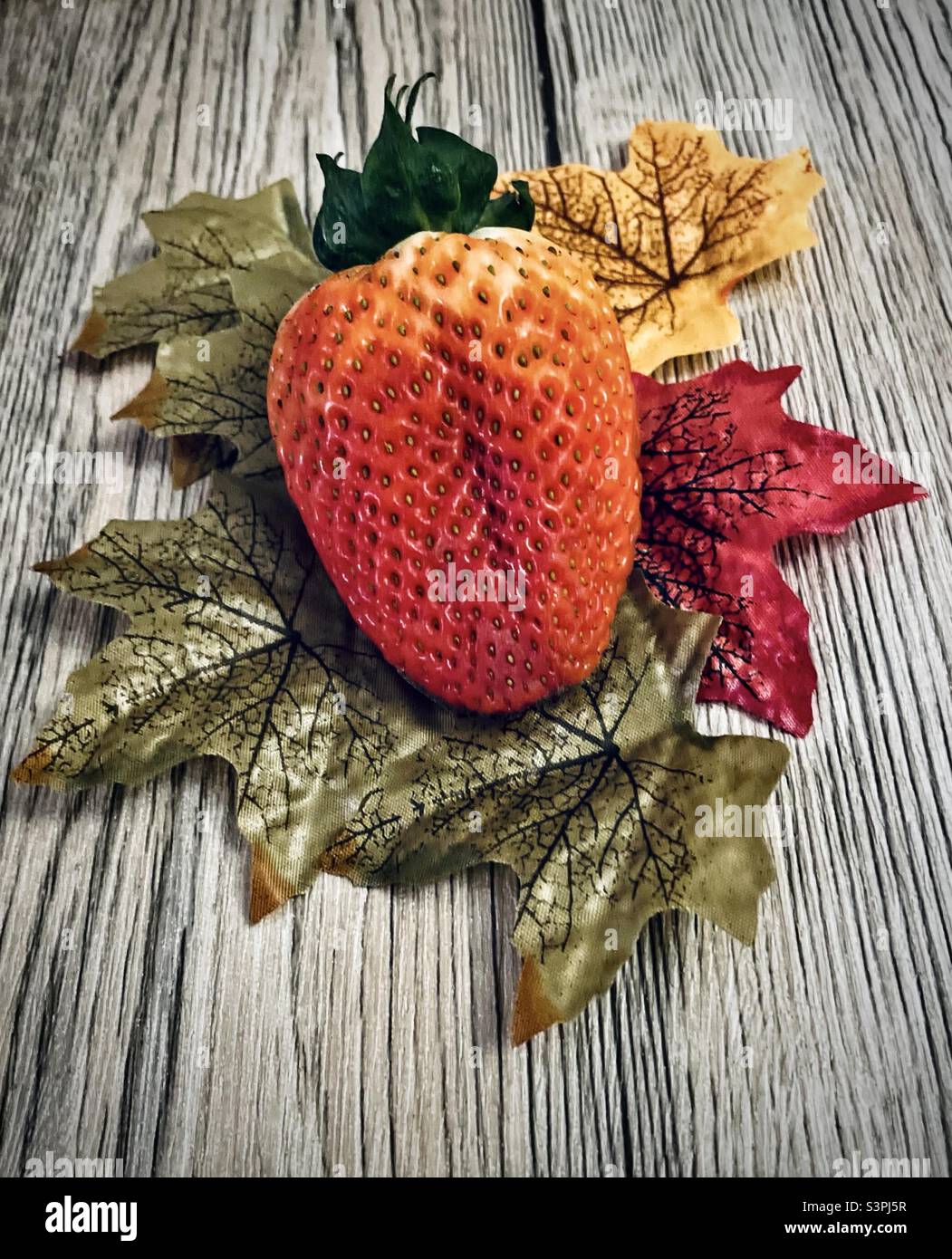 Fragola su un nido di foglie su sfondo di legno - Immagine stock catturata con smartphone
