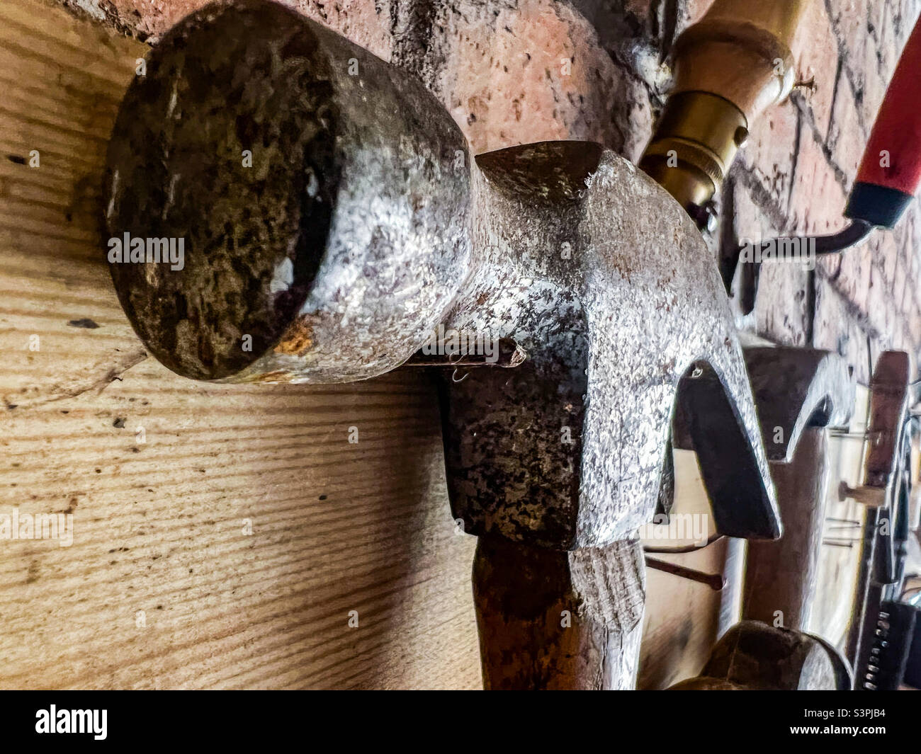 Martello da artiglio e attrezzi appesi alla parete del garage Foto Stock
