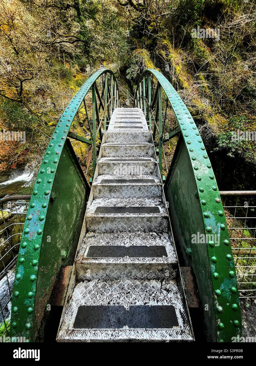 Ponte di ferro sul fiume Mynach presso il ponte del Diavolo, Cerediaion, Galles. Foto Stock