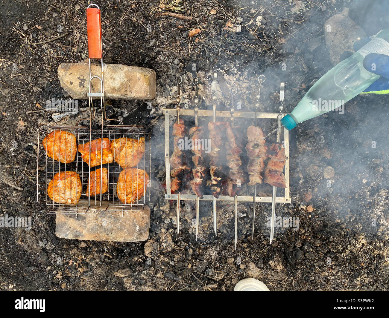 Arrosti di maiale shish kebab e pollo shish kebab in natura. Arrostire spiedini di maiale su spiedini e arrostire spiedini di pollo su una griglia a fuoco aperto Foto Stock