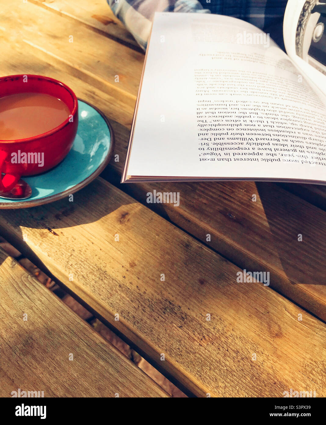 Leggere una rivista lucida e avere una tazza di tè. Foto Stock