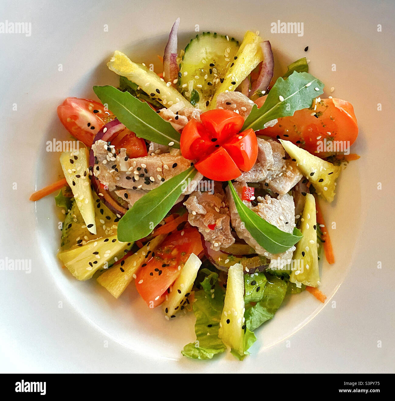 Immagine di una insalata di tonno contenente foglie di lattuga, pomodoro, ananas fresco, cetriolo e semi sani. Foto ©️ COLIN HOSKINS. - Immagine stock catturata con smartphone