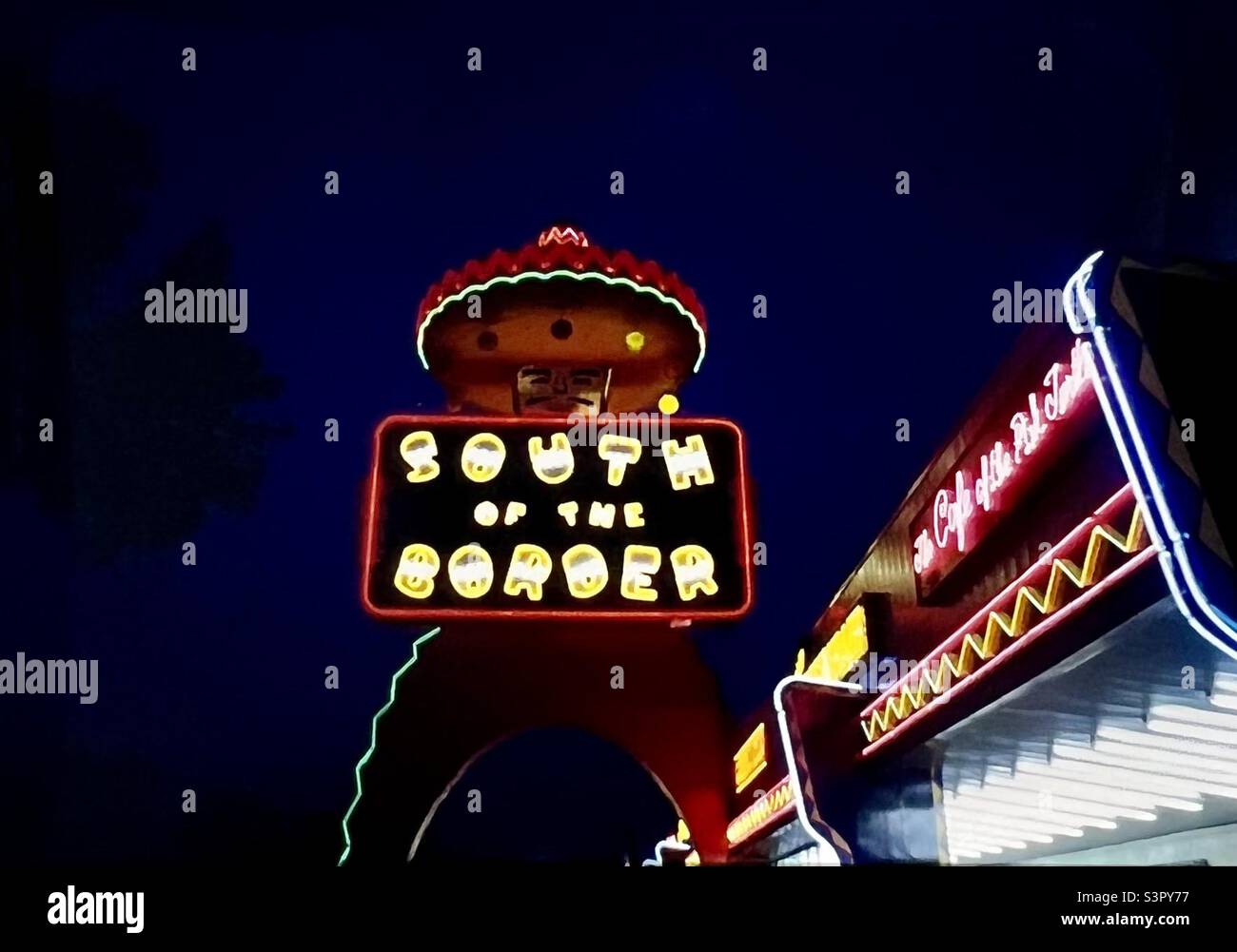 A sud del confine South Carolina luci al neon segno Pedro Foto Stock