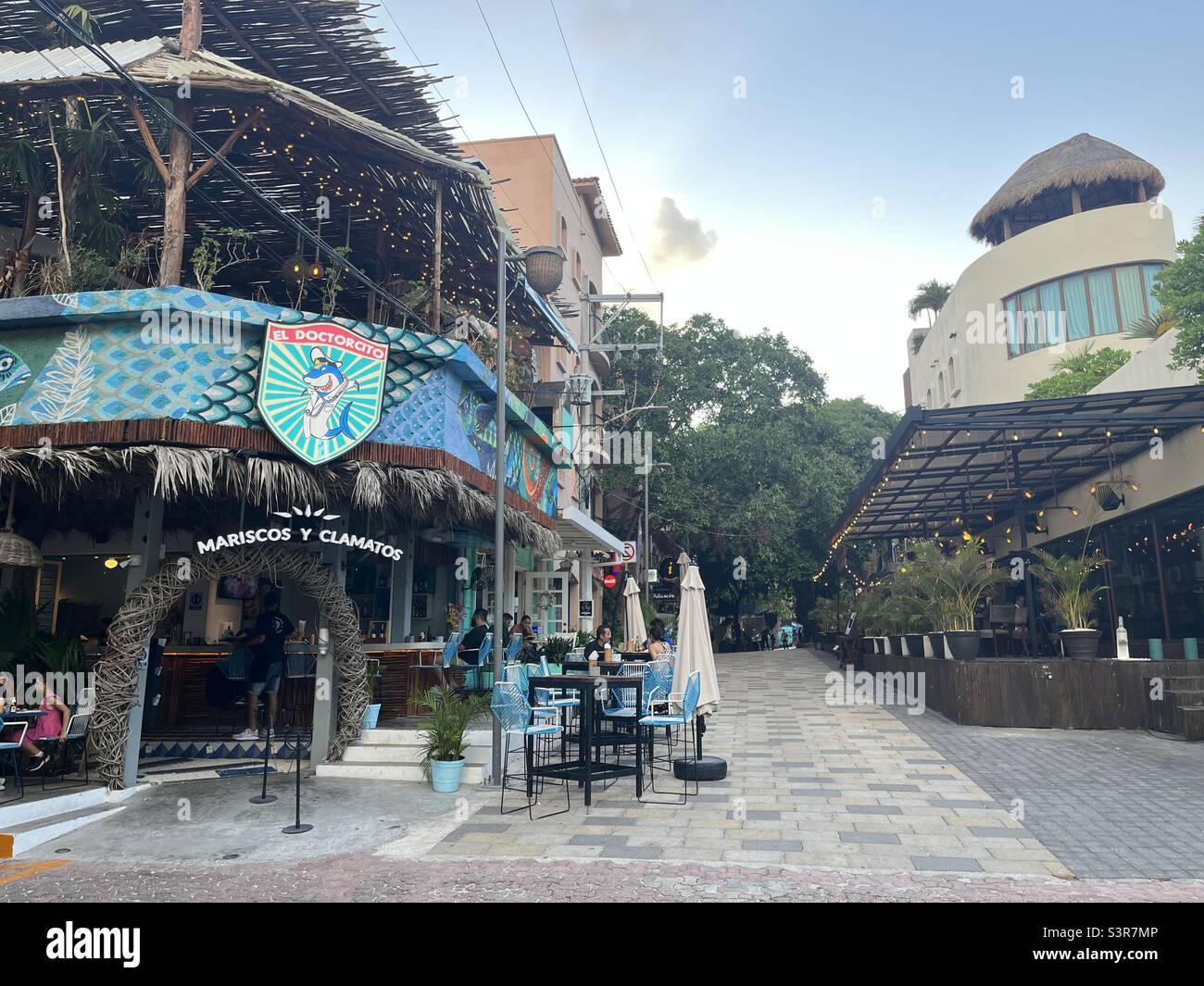 Colorato cartello del ristorante con cartoni animati di delfini, Playa del Carmen, Messico Foto Stock