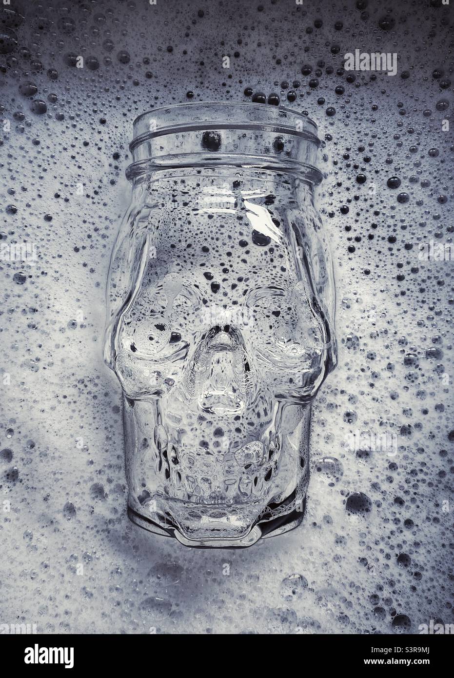Una fotografia ravvicinata di un vaso di vetro a forma di cranio, parzialmente immerso in una ciotola di acqua saponata. Bianco e nero - Immagine stock catturata con smartphone