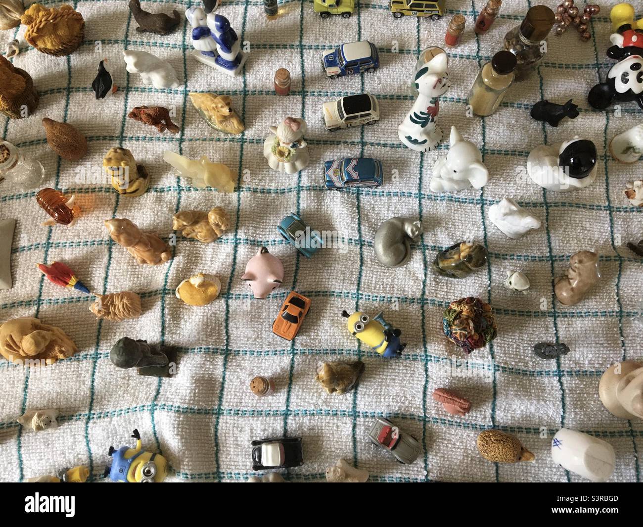 Articoli in miniatura da una scatola stampata su un asciugamano da tè dopo la pulizia e il lavaggio di primavera. - Immagine stock catturata con smartphone