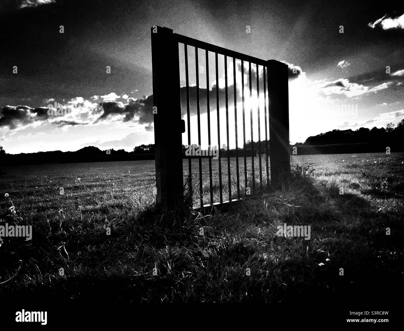 Cancello barred in un parco al tramonto con cielo nuvoloso sullo sfondo - Immagine stock catturata con smartphone