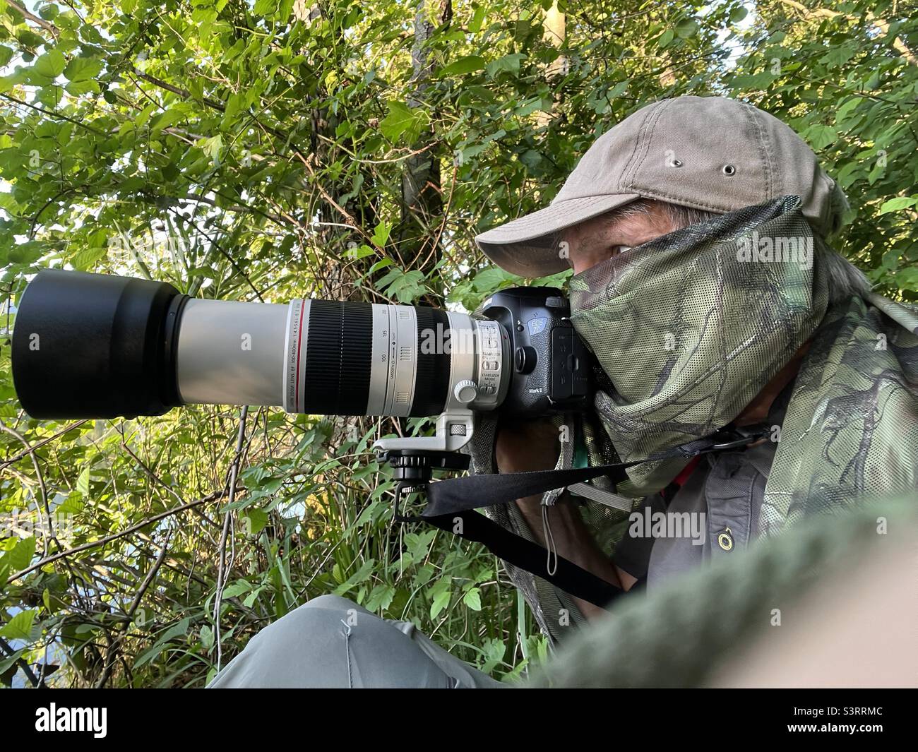 Fotografia di fauna selvatica fotografo camouflage nel bosco canon fotocamera Foto Stock