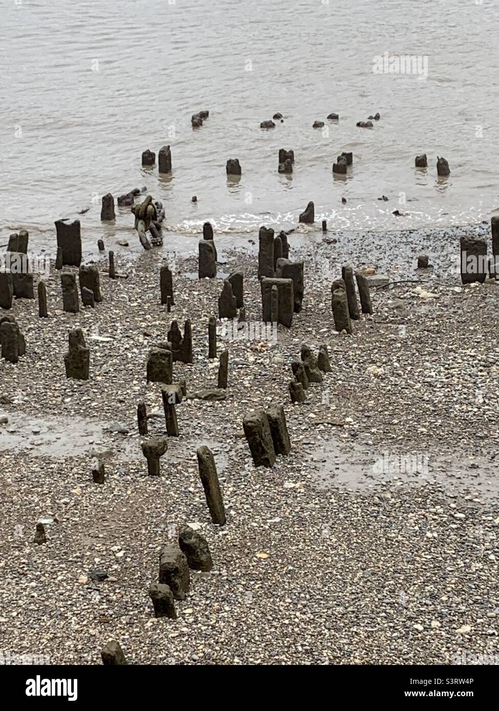 I fiumi del Tamigi, Greenwich, Londra, con i resti storici di un vecchio molo o di un vecchio scivolo dove le navi avrebbero offload merci, quando l’acqua era il miglior modo di trasporto della città. Foto Stock