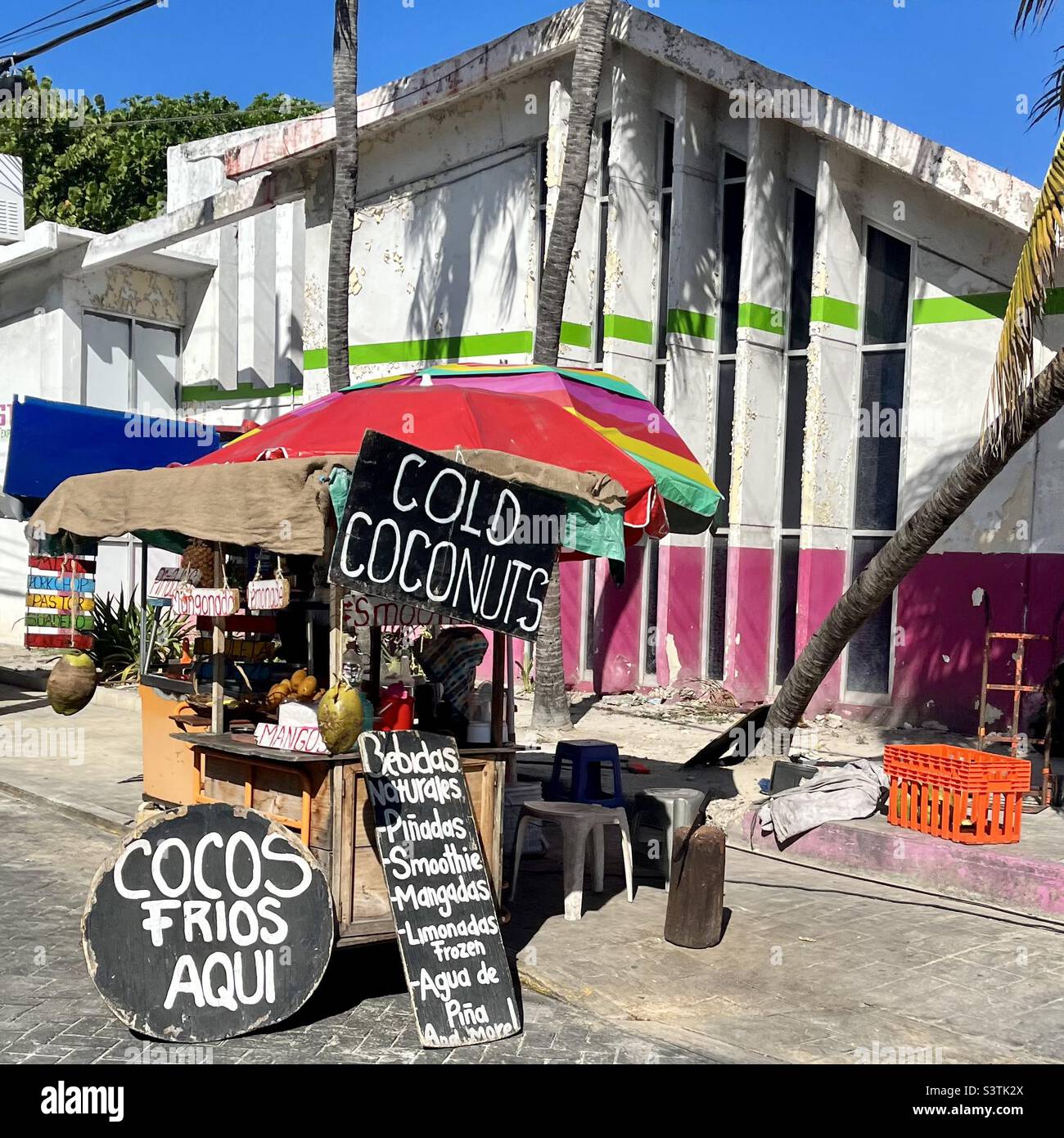Bancarella di frutta, cocco freddo, cocco frios, Islas Mujeres, Messico Foto Stock