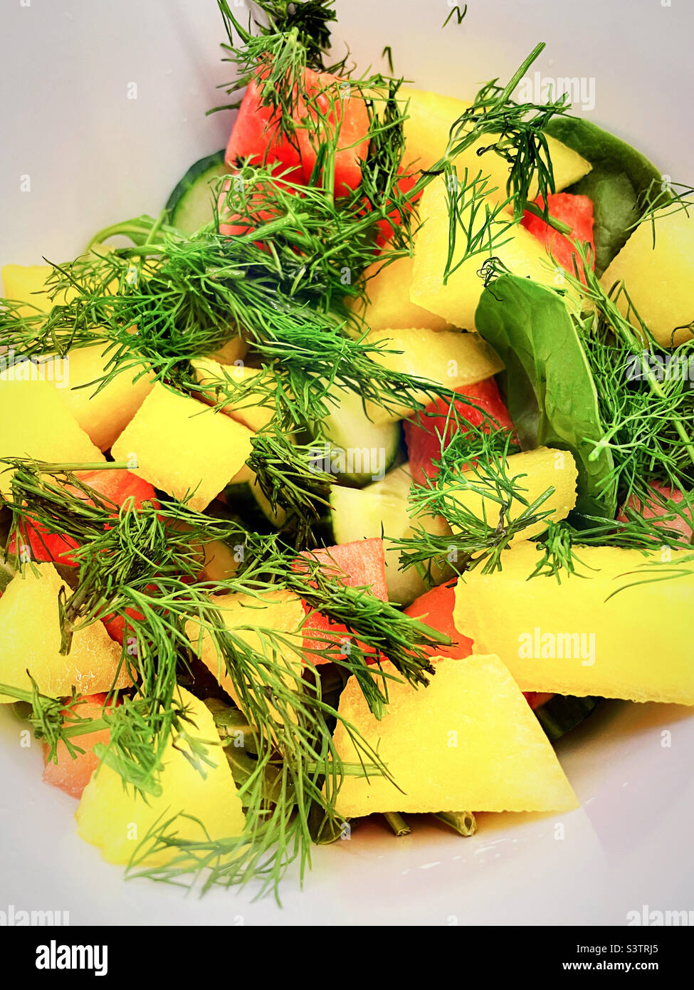Primo piano di una rinfrescante insalata estiva di melone rosso e giallo e aneto fresco, 2022, USA - Immagine stock catturata con smartphone