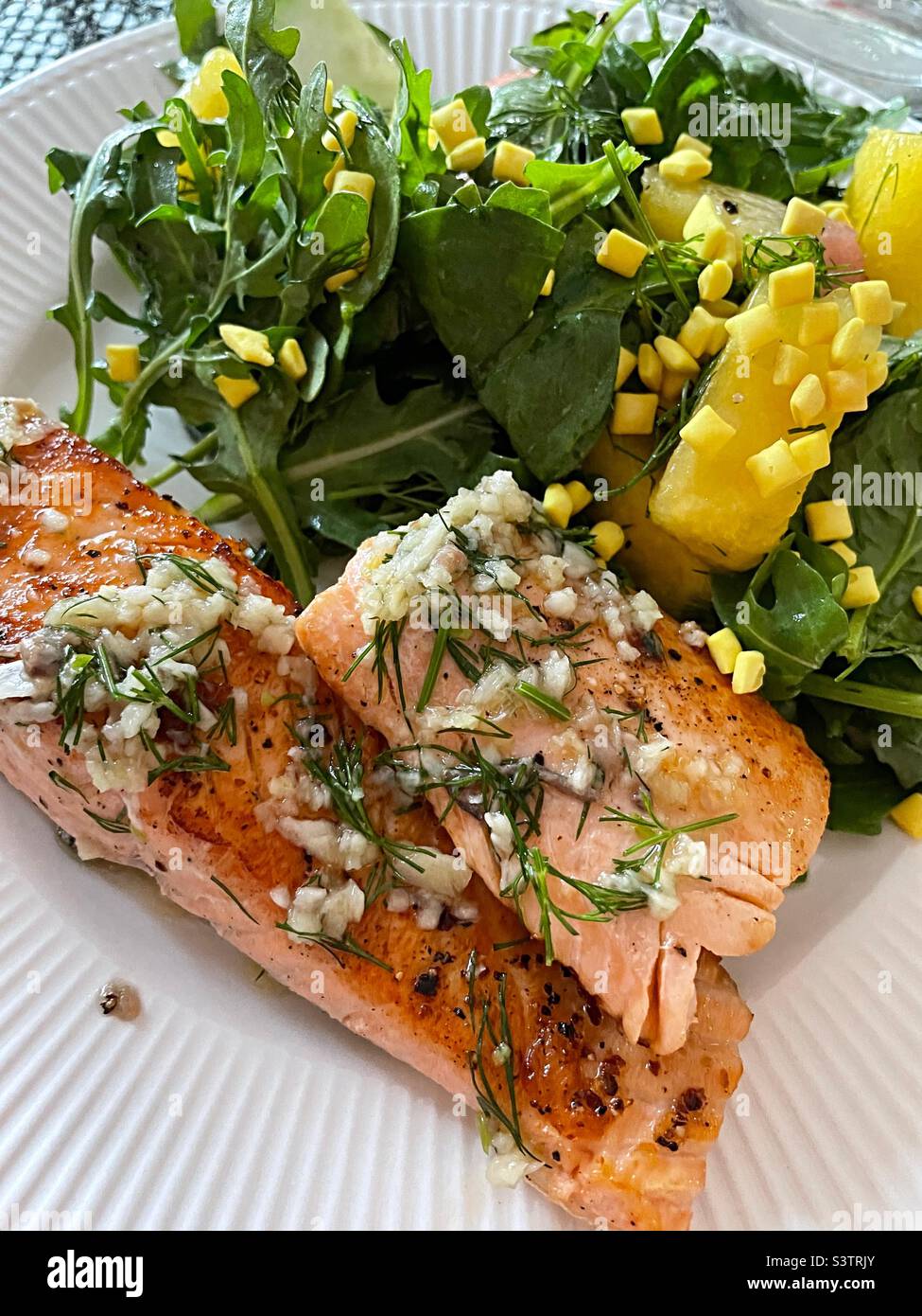 Primo piano di un'entrée gourmet di filetto di tonno scottato servito con una guarnitura di olio d'oliva aneto al limone, 2022, USA - Immagine stock catturata con smartphone