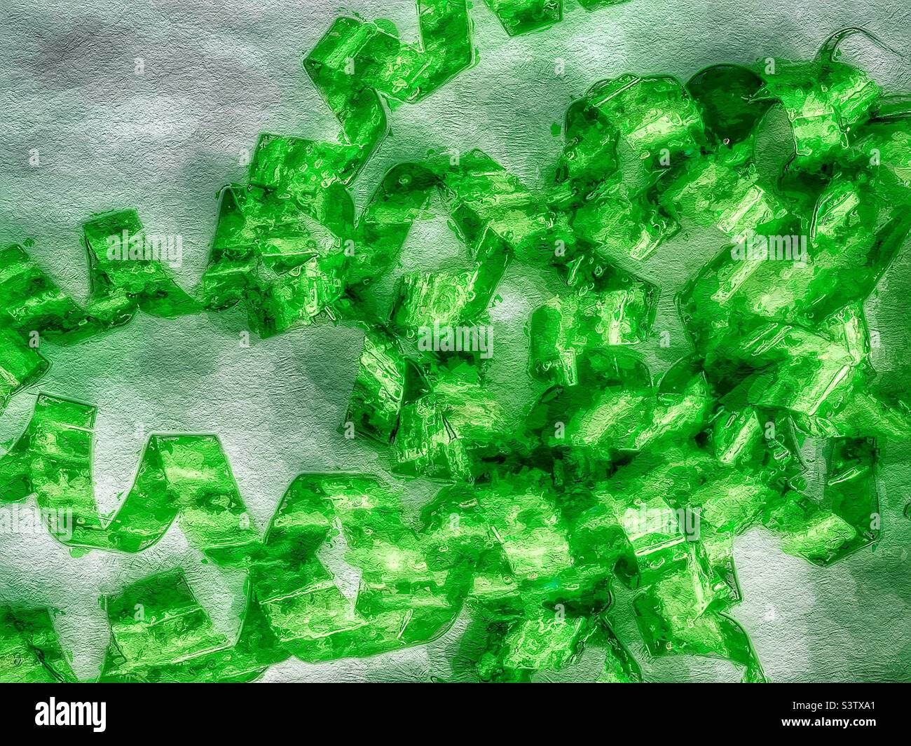 Il nastro verde ricurlo e glittery per l'imballaggio di regalo su uno sfondo bianco rende un'astratta festosa e testurizzata. LO smalto dell'applicazione IOS è stato utilizzato per l'effetto pittorico e testurizzato. - Immagine stock catturata con smartphone