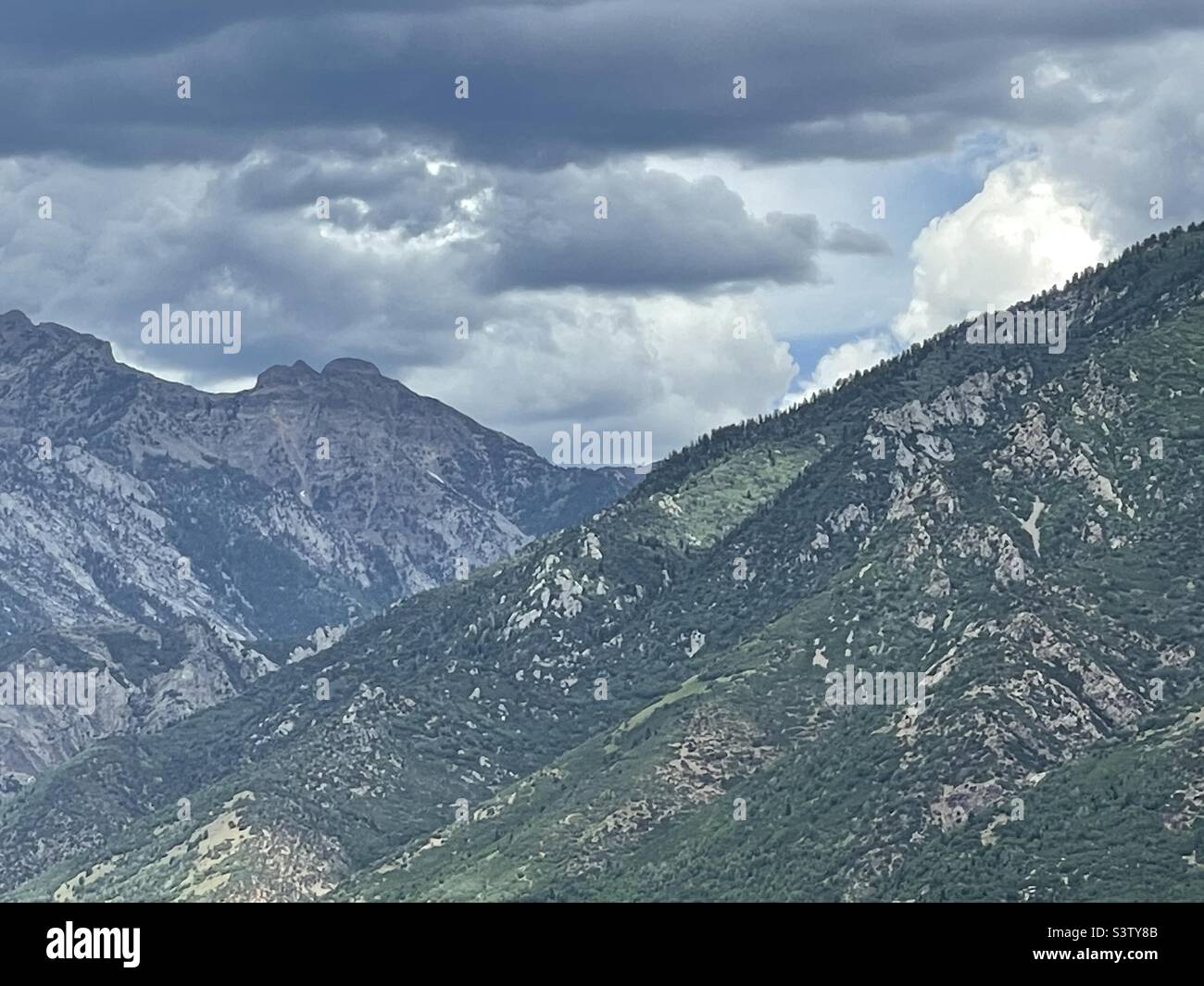 Una giornata estiva guardando le montagne di Wasatch, il bordo occidentale della catena montuosa Greater Rocky Mountain, appena ad est della valle di Salt Lake nello Utah, USA. Foto Stock