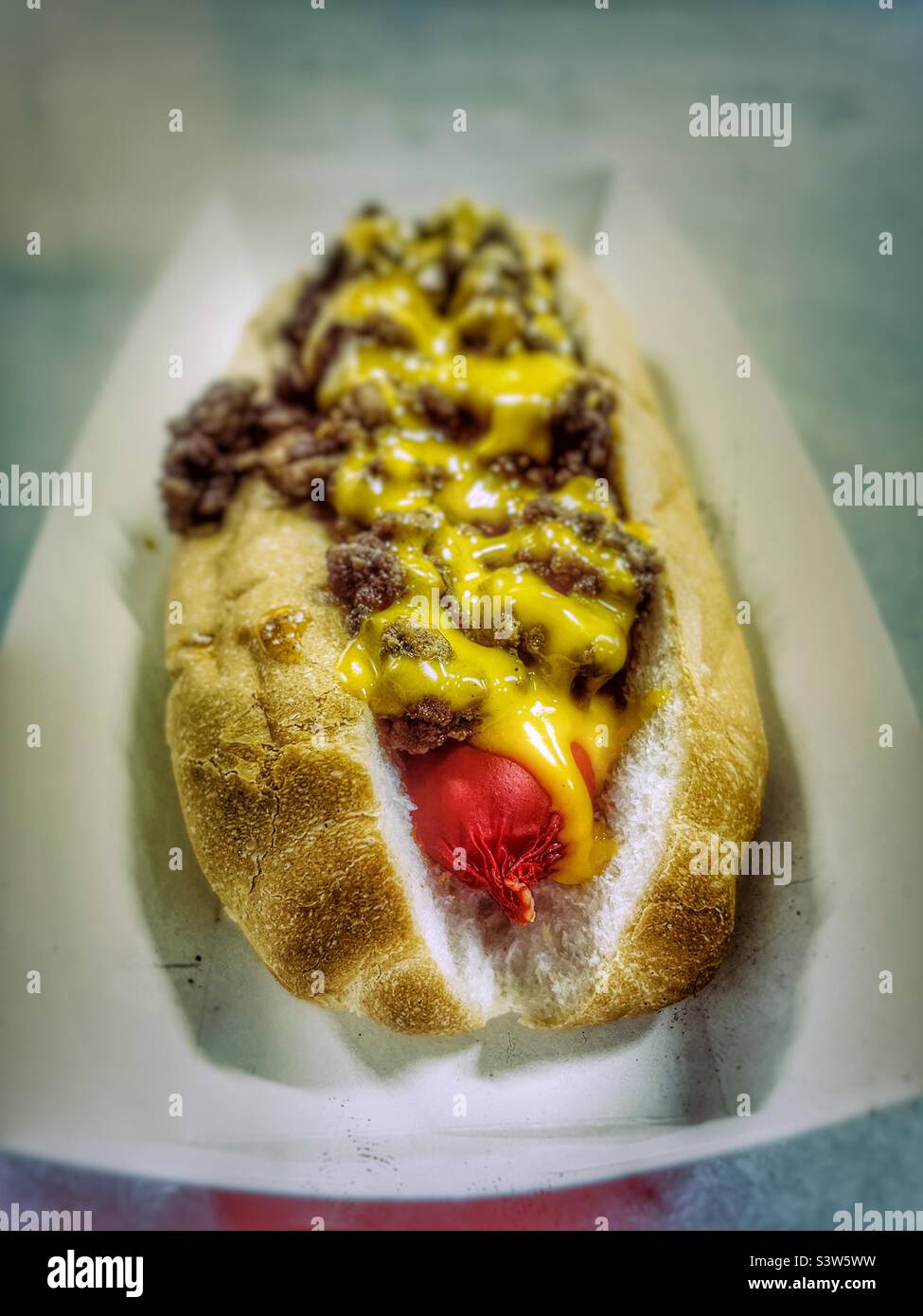 Hot-dog con un effetto nostalgico retrò su hotdog Foto Stock