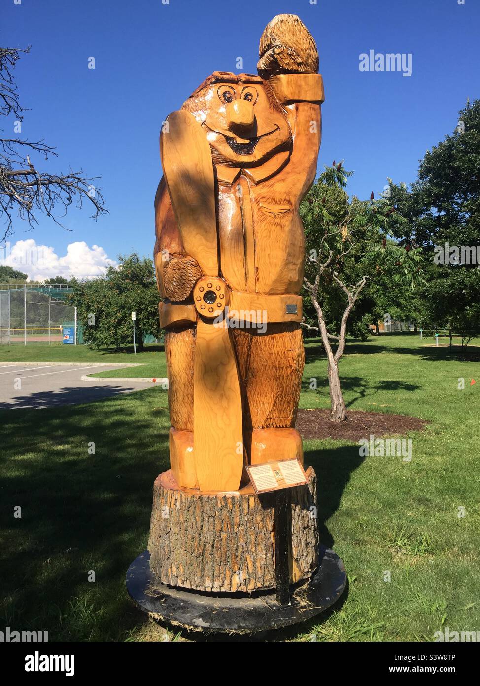 Scultura violata da un albero di cenere danneggiato dal boratore di cenere smeraldo, Dorval, Québec, Canada. Una sezione dell'albero reale è la base. Arte scolpita da un disastro. Seconda vita per un albero morente. - Immagine stock catturata con smartphone