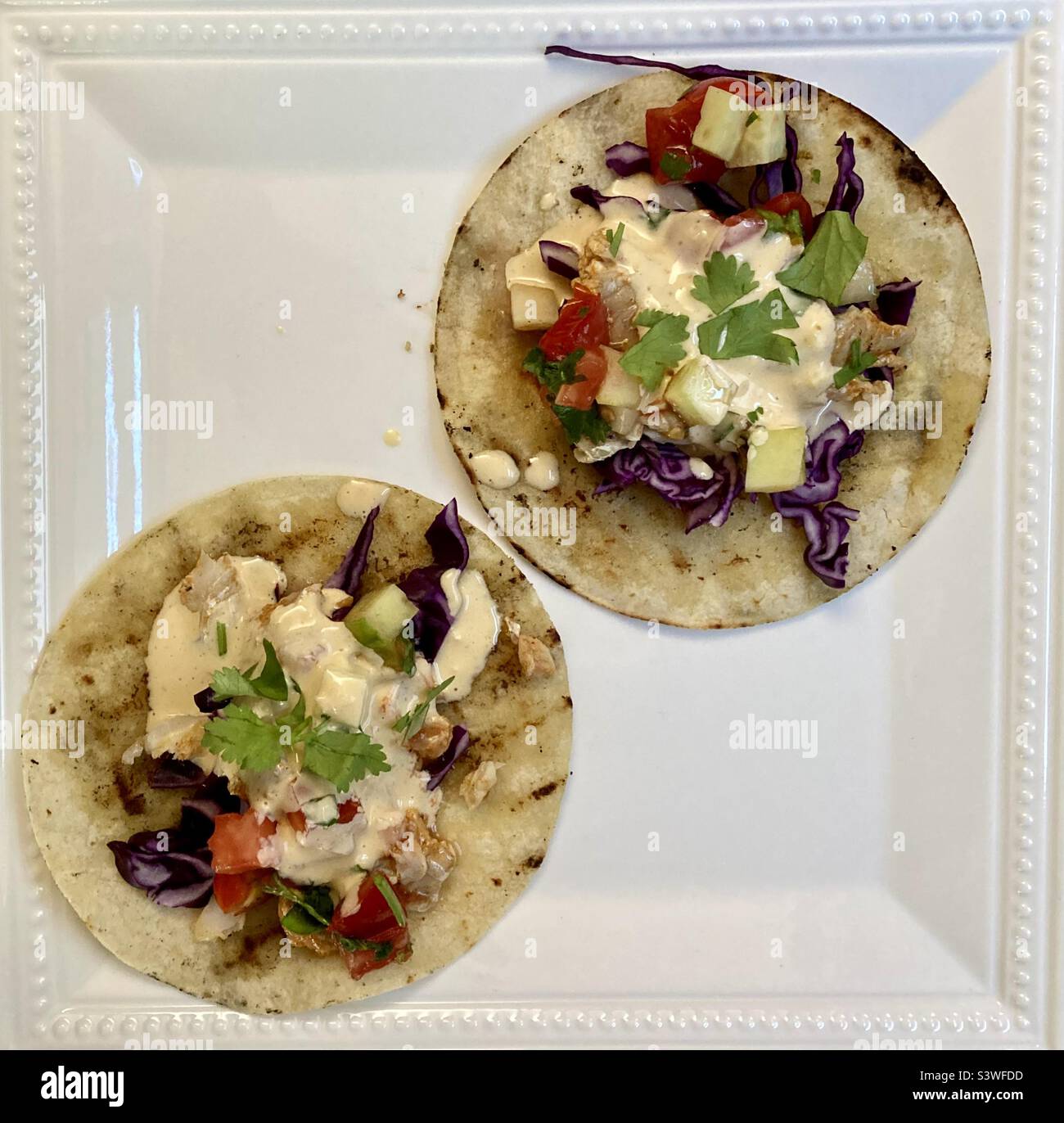 Tacos di pesce alla griglia con salsa di lime piccante e coriandolo fresco. - Immagine stock catturata con smartphone