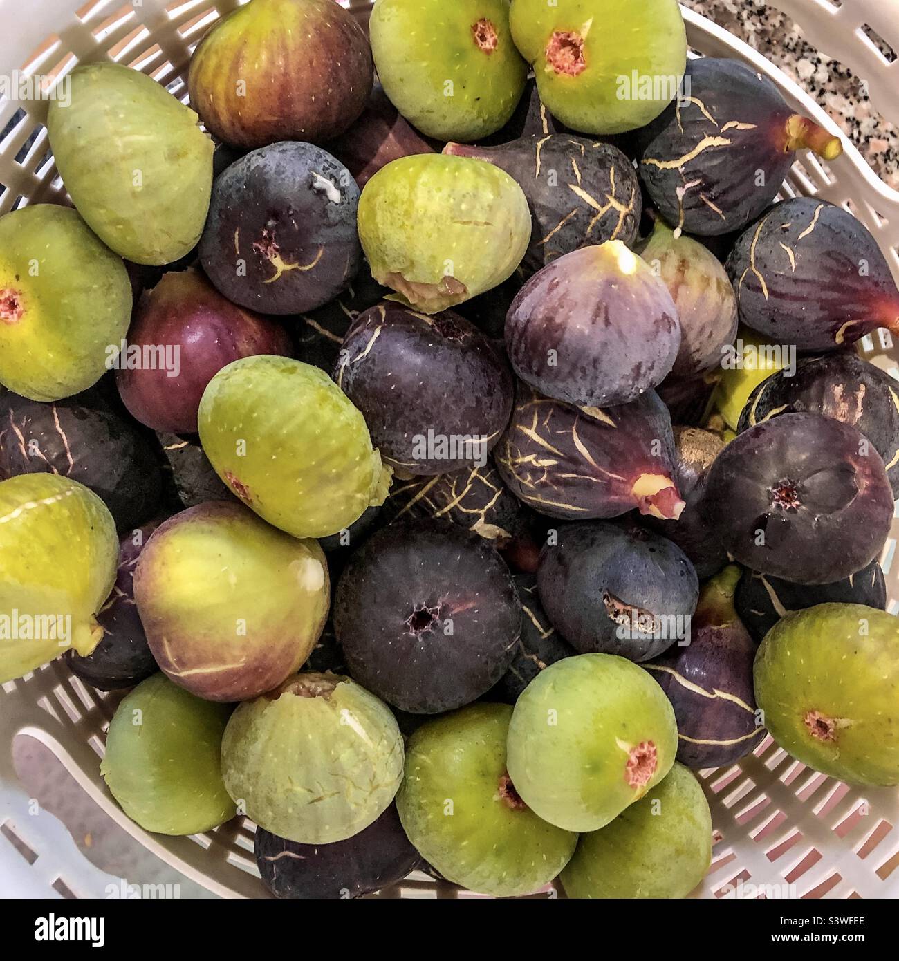 Un cesto pieno di fichi verdi e viola - Immagine stock catturata con smartphone