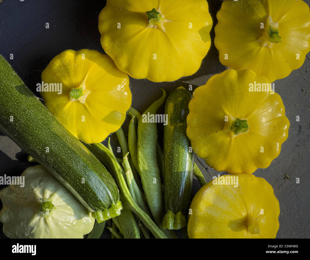 Patty Pans gialle appena raccolte con zucchine verdi e fagioli da corsa. - Immagine stock catturata con smartphone