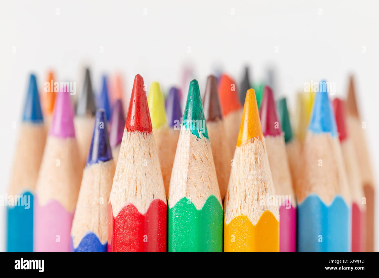 Matite colorate affilate e pronte per la classe, concetto di ritorno a scuola Foto Stock