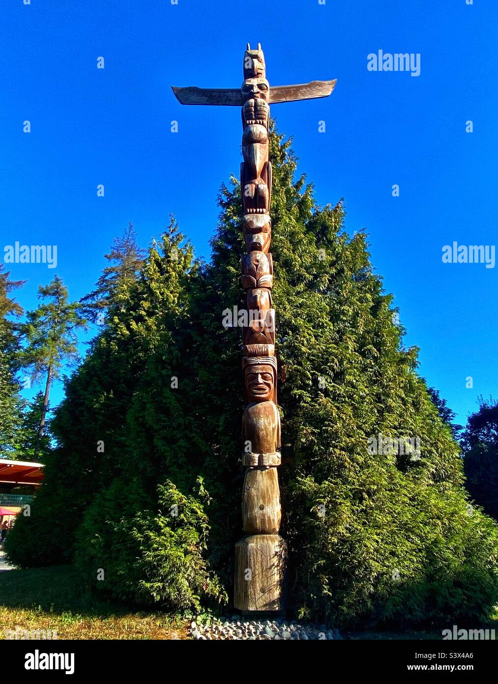 Totem poli a Stanley Park. Vancouver, Canada. - Immagine stock catturata con smartphone